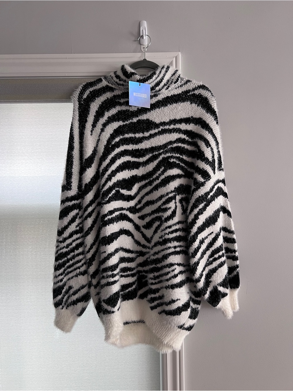 Missguided Black & White Zebra-Print Fuzzy Pullover Sweater Dress
